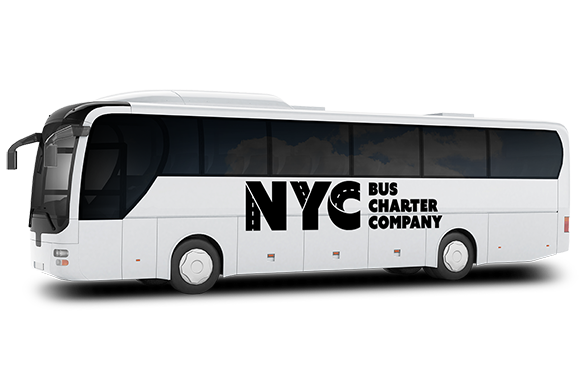 a plain white charter bus with a New York City Bus Charter Company logo on it